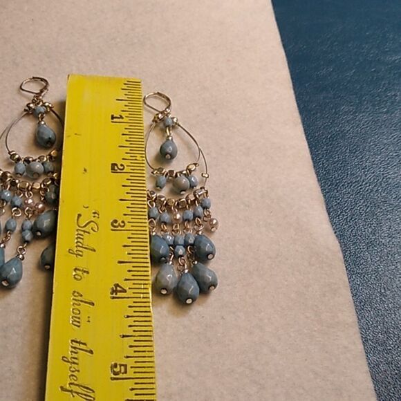 Elegant Gold/Silver Tone Metal and Blue Beaded Necklace & Chandelier Earring - Picture 7 of 8